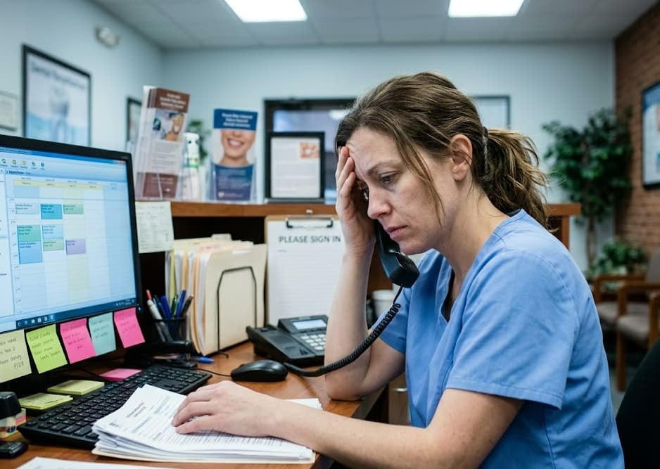 Stressed dental receptionist managing manual scheduling and paperwork without automation